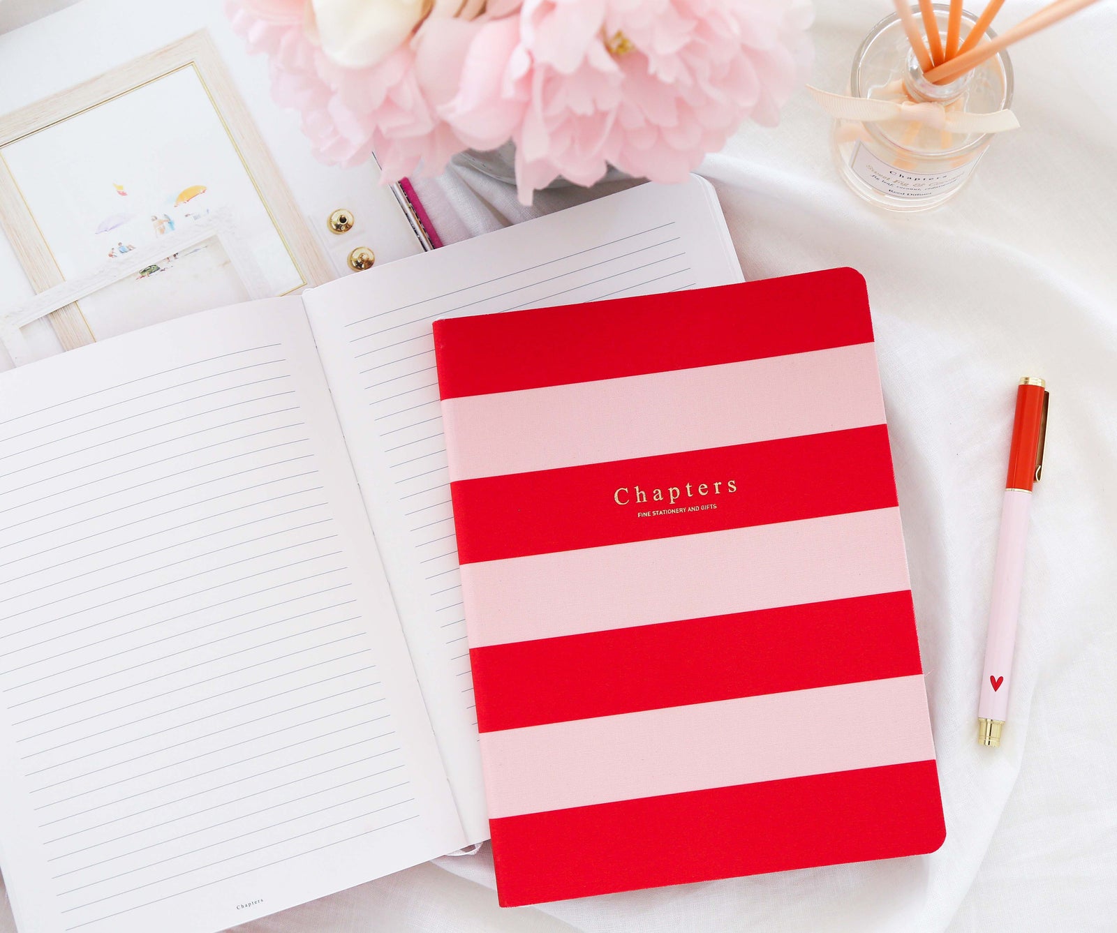 Canvas Notebook, Red & Pale Pink Stripes